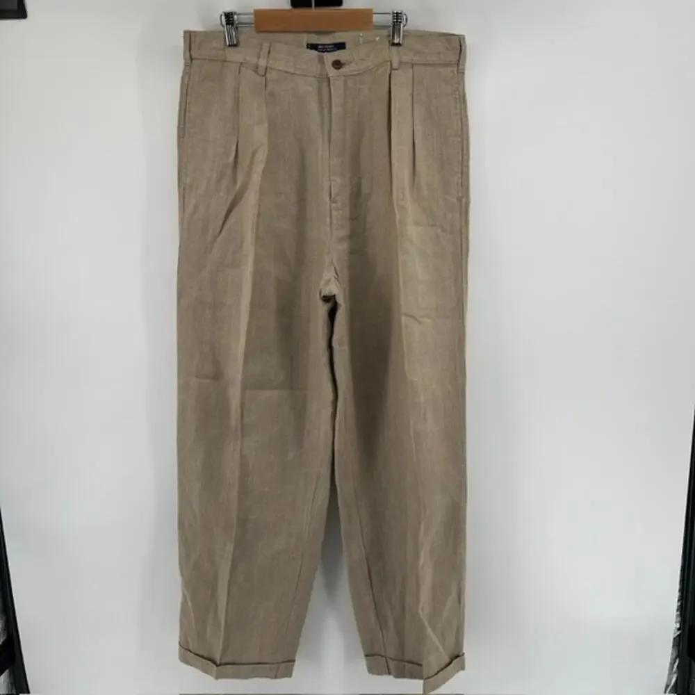 CHAPS Ralph Lauren 100% Linen Chino Pants Mens 33x30 Cuffed Tan PreppyBreathable